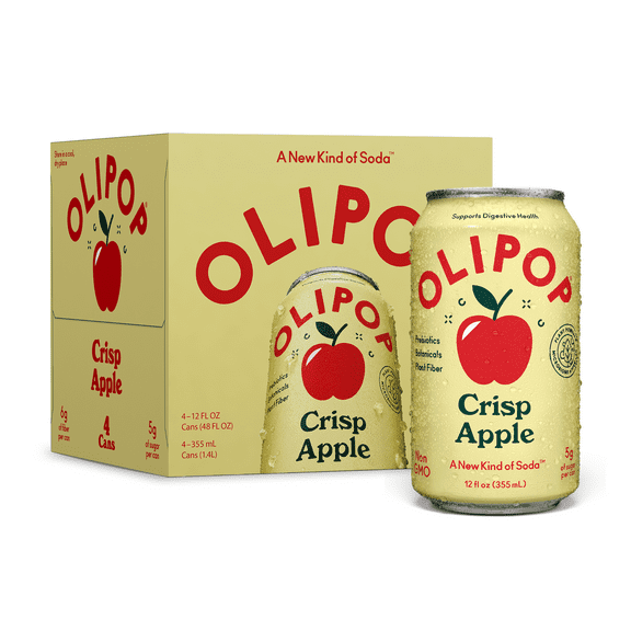 Olipop Prebiotic Soda, Beverages w/ Prebiotics, Botanicals & Plant Fiber, Crisp Apple, 12 fl oz (4 Pack)