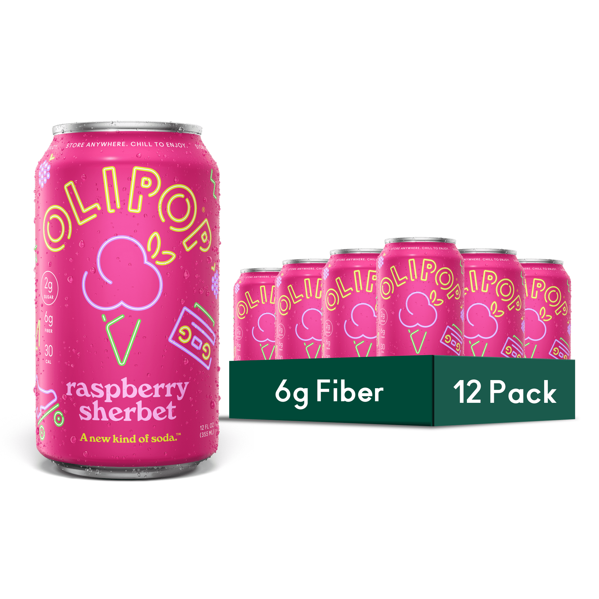 Olipop Prebiotic Soda Pop, Raspberry Sherbet, High Fiber, 12 fl oz 12 Pack&nbsp;
