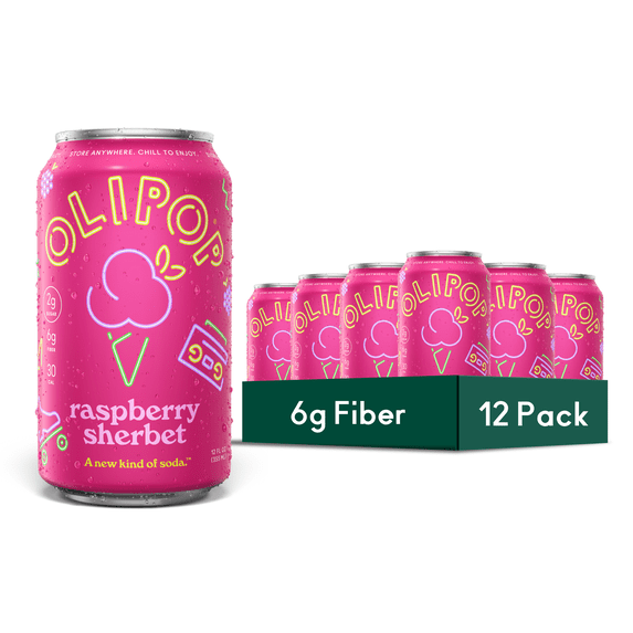 Olipop Prebiotic Soda Pop, Raspberry Sherbet, High Fiber, 12 fl oz 12 Pack 