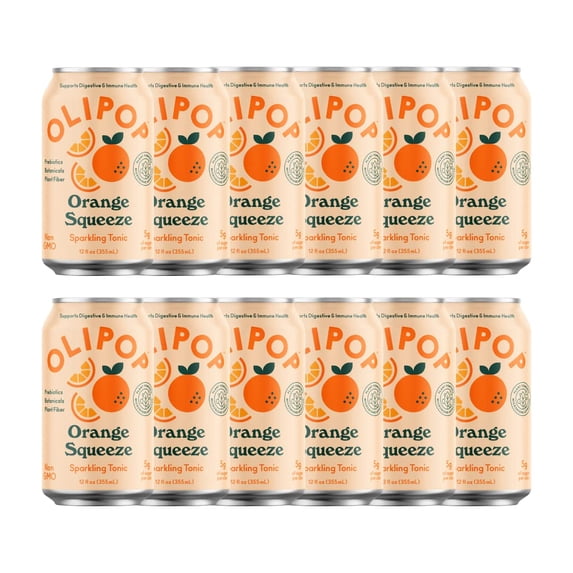 (12 pack) Olipop Prebiotic Soda Pop, Orange Squeeze, High Fiber, 12 fl oz, Refrigerated