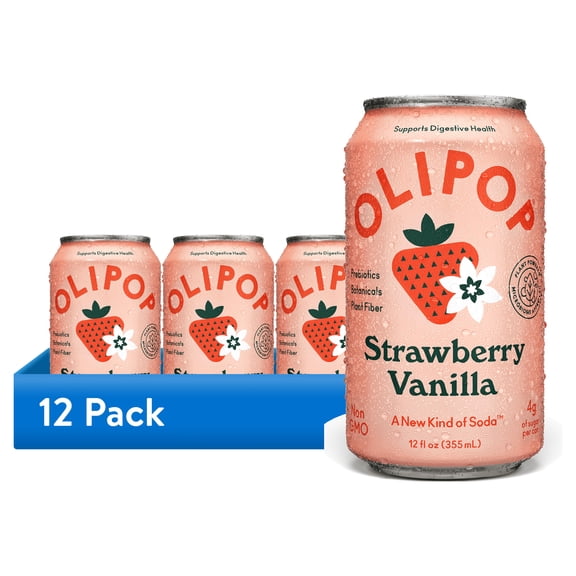 (12 pack) Olipop Prebiotic Soda Pop, Strawberry Vanilla, High Fiber, 12 fl oz, Refrigerated