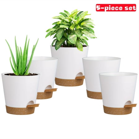 Olisx-H1405-5 5-Pack Self Watering Planters, 5 Inch (About 12.7 Cm) Planters with Drainage Holes And Water Reservoir, Modern African Violet Pots, Home Garden Flower Pots