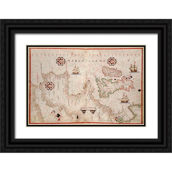 Oliva, Joan 18x13 Black Ornate Wood Framed with Double Matting Museum Art Print Titled - Portolan Map of Spain, England, Ireland and France