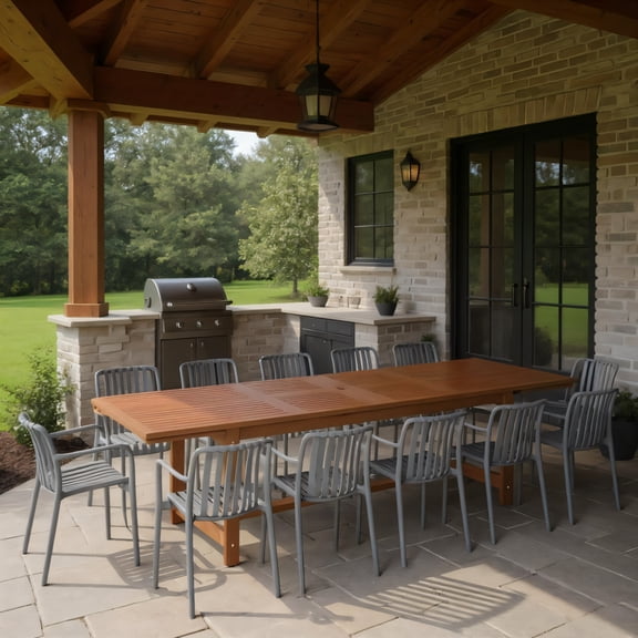 Olive 13-Piece Outdoor Rectangular Extendable Dining Table and Chairs Set | Eucalyptus Wood | Ideal for Patio, Brown Table & Grey Chairs