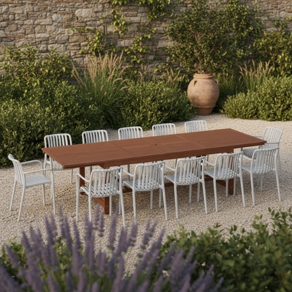 Olive 13-Piece Outdoor Rectangular Extendable Dining Table and Chairs Set | Eucalyptus Wood | Ideal for Patio, Brown Table & White Chairs