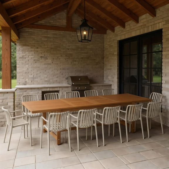 Olive 13-Piece Outdoor Rectangular Extendable Dining Table and Chairs Set | Teak Finish | Ideal for Patio, Light Brown Table & Beige Chairs
