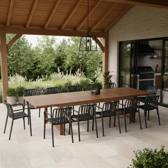 Olive 13-Piece Outdoor Rectangular Extendable Dining Table and Chairs Set | Teak Finish | Ideal for Patio, Light Brown Table & Black Chairs