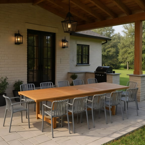 Olive 13-Piece Outdoor Rectangular Extendable Dining Table and Chairs Set | Teak Finish | Ideal for Patio, Light Brown Table & Grey Chairs