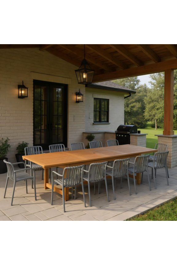 Olive 13-Piece Outdoor Rectangular Extendable Dining Table and Chairs Set | Teak Finish | Ideal for Patio, Light Brown Table & Grey Chairs