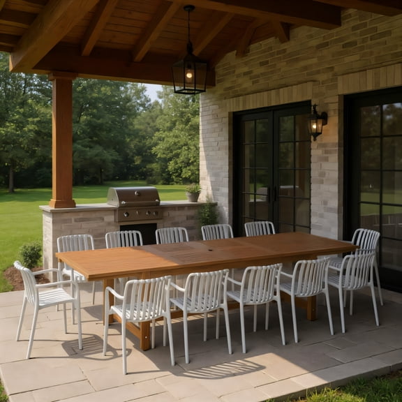 Olive 13-Piece Outdoor Rectangular Extendable Dining Table and Chairs Set | Teak Finish | Ideal for Patio, Light Brown Table & White Chairs