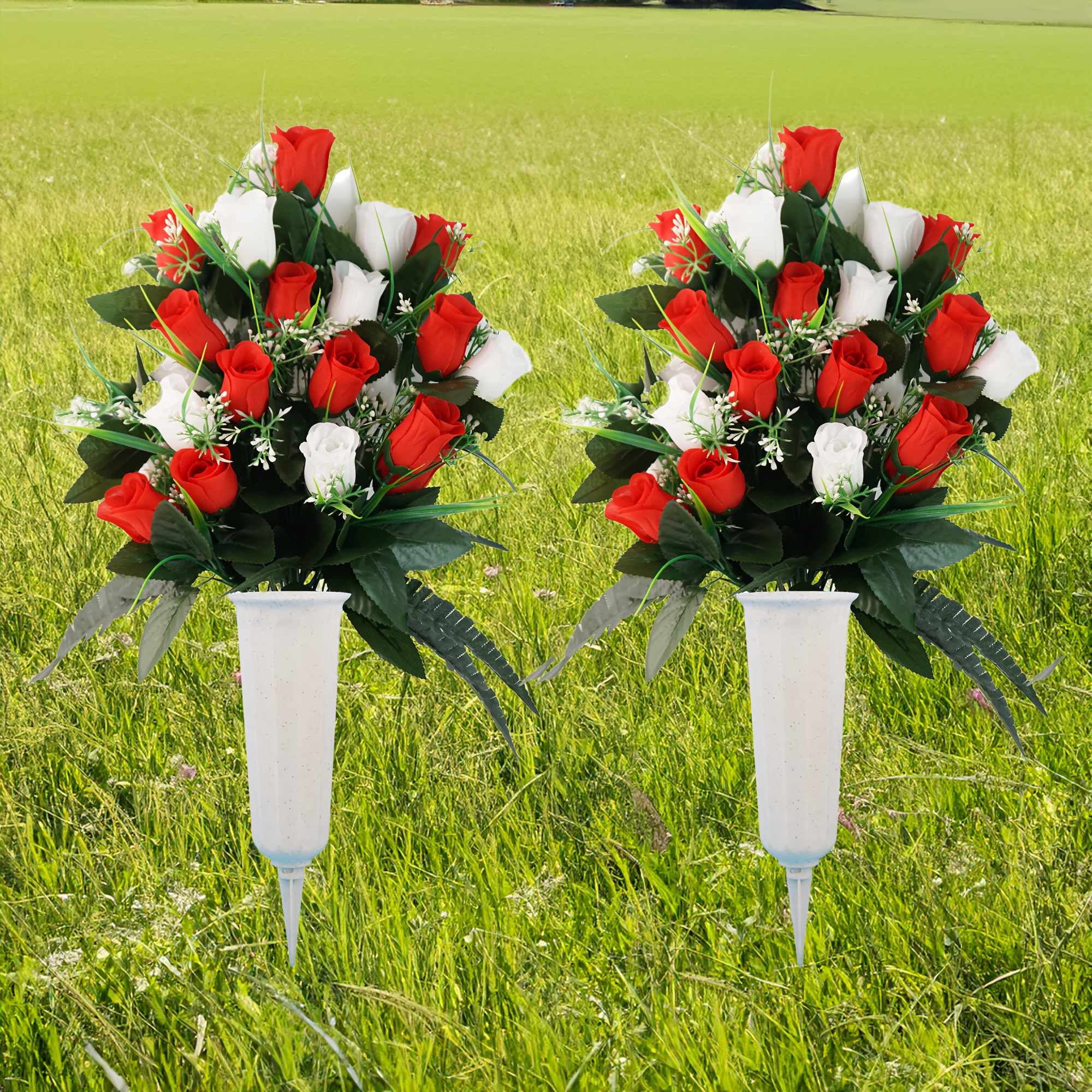 Olive 2pcs Artificial Rose Flower Arrangements In Grave Vase Plastic