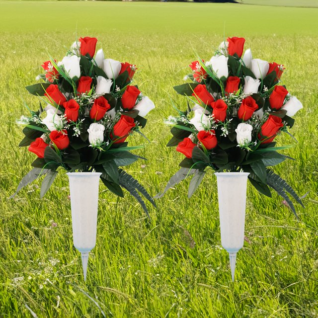 Olive 2pcs Artificial Rose Flower Arrangements In Grave Vase Plastic