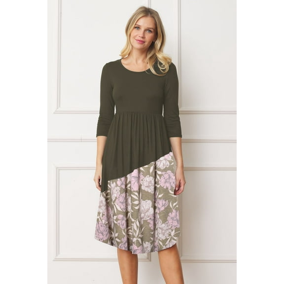Olive 3/4 Sleeve Asymmetric Vintage Floral Print Curved Hem Midi Dress