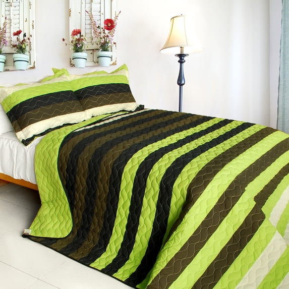 Olive 3PC Vermicelli-Quilted Patchwork Quilt Set (Full/Queen Size)