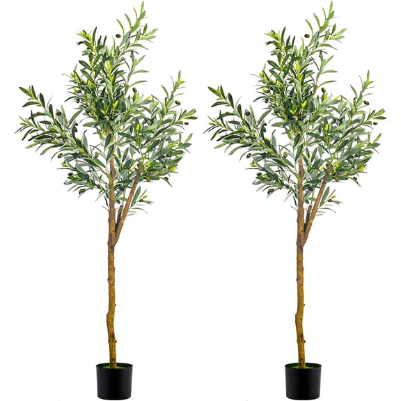 Olive Artificial Silk Tree Faux Potted Olive Silk Tree with Planter Large Faux Olive Branches and Fruits Artificial Tree for Modern Home Office Living Room Floor Decor Indoor (2Packs 5FT)