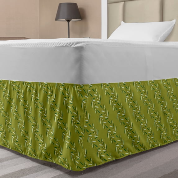Olive Bed Skirt, Garden Elements Leaves and Round Foods Budding, Elastic Bedskirt Dust Ruffle Wrap Around for Bedding Decor, 4 Sizes, Olive Green Pastel Green, by Ambesonne