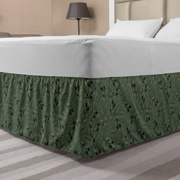 Olive Bed Skirt, Pastel Tone Vegetation Leaves and Branches, Elastic Bedskirt Dust Ruffle Wrap Around for Bedding Decor, 4 Sizes, Evergreen Sage Green, by Ambesonne