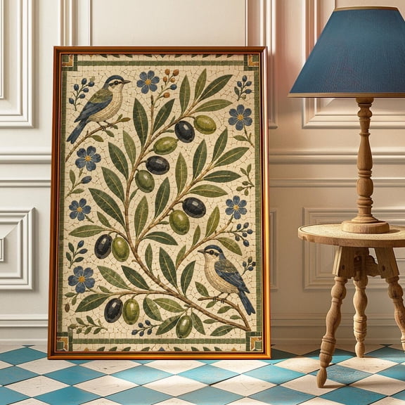 Olive Branch Birds Mosaic Mediterranean Tuscan Tile Poster Unframed Paper Print
