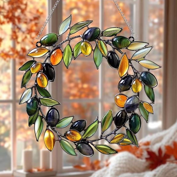Olive Branch Circle Wreath Acrylic Faux Stained Glass Suncatcher, Greenery Kitchen Window Decor, Mediterranean Rustic Gift for Women