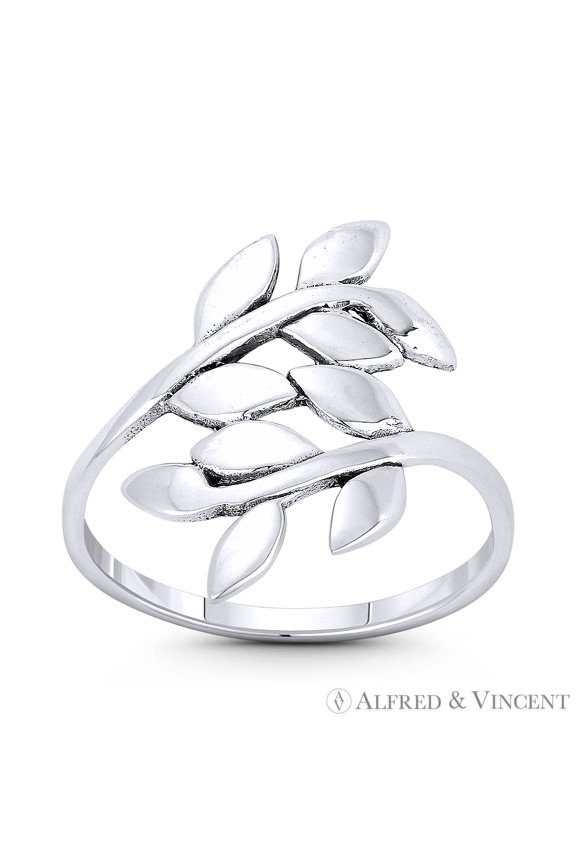 Olive Branch & Leaf Charm Peace, Victory, & Friendship Totem 17mm (0.7in) Stackable Bypass Ring in Oxidized .925 Sterling Silver