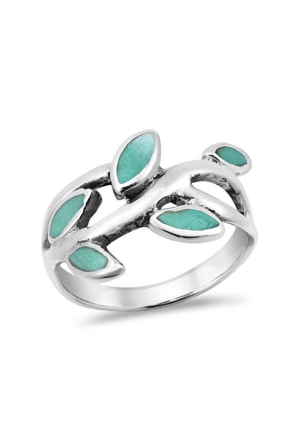 Olive Branch Leaves Wrap Reconstructed Green Turquoise Sterling Silver Ring-8