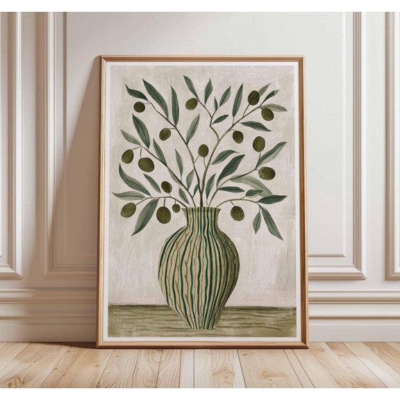 Olive Branch Mediterranean Kitchen Rustic Vase Green Botanical Decor, Unframed Canvas 24x36in