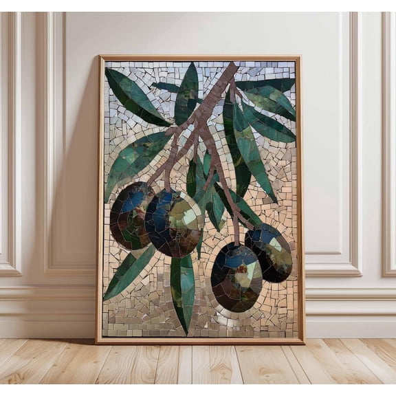 Olive Branch Mosaic Art Print, Mediterranean Wall Art, Rustic Kitchen Poster, Italian Decor, Tuscan Home Style Botanical Artwork, Poster Only