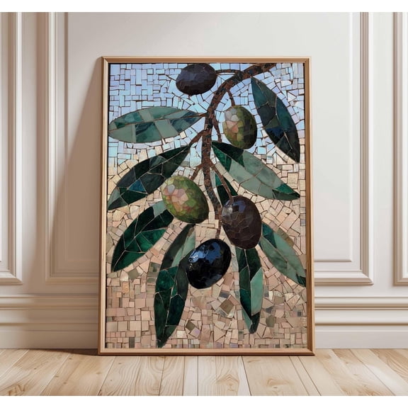 Olive Branch Mosaic Art Print, Mediterranean Wall Art, Rustic Kitchen Poster, Italian Decor, Tuscan Home Style Botanical Artwork, Poster Only