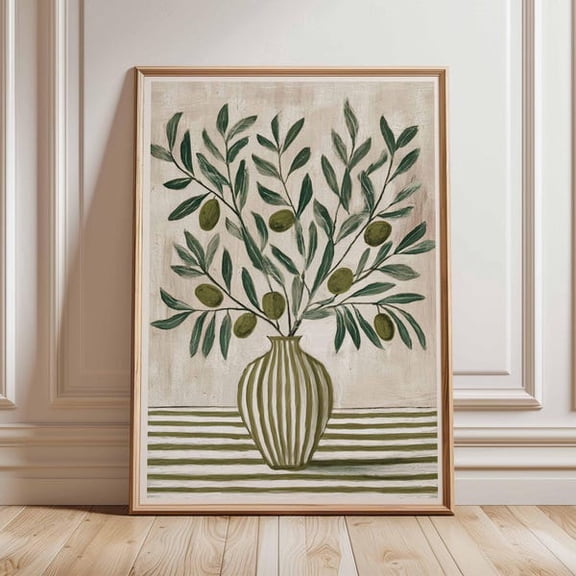 Olive Branch Poster, Mediterranean Kitchen Wall Art, Rustic Vase Print, Green Botanical Decor, Farmhouse Country Style Artwork, Unframed Paper Poster 24x36in