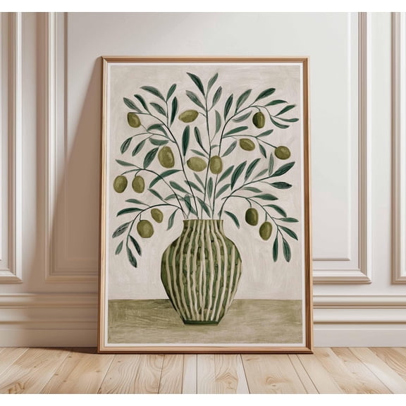 Olive Branch Poster, Mediterranean Kitchen Wall Art, Rustic Vase Print, Green Botanical Decor, Farmhouse Country Style Artwork