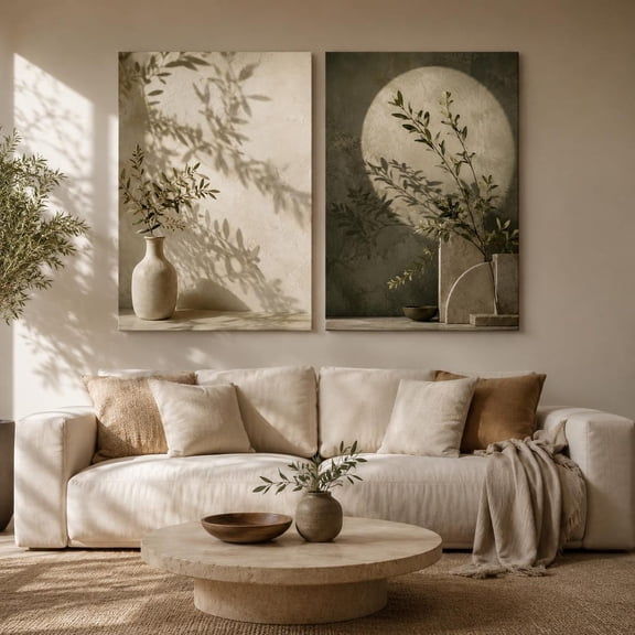 Olive Branch Shadow Wall Art Print Set Of 2 With Neutral Green Beige Decor