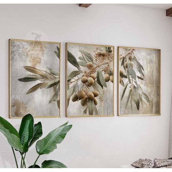 Olive Branch Wall Art Prints, Set Of 3 Rustic Mediterranean Kitchen Decor