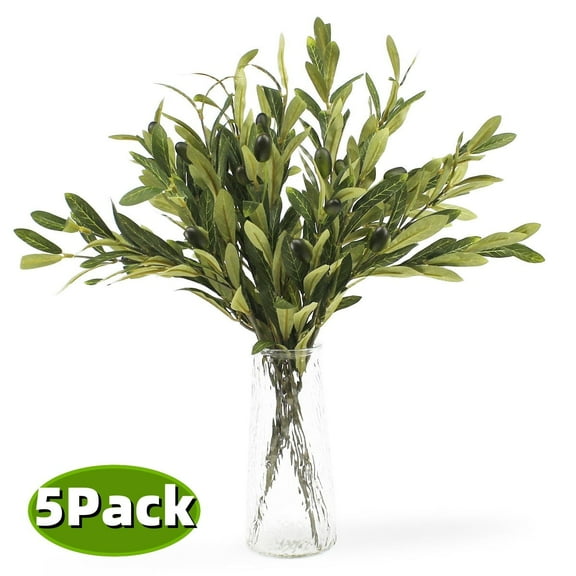 Olive Branches,18.9''Artificial Olive Greenery Stems with Fake Fruits Silk Plants Olive Tree Branch Tabletop Greenery Decor for Home Office Wedding Party 5 Pack