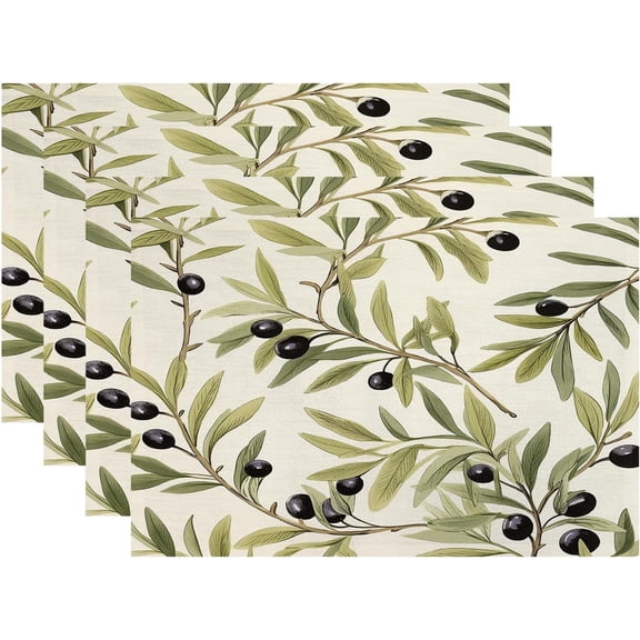 Olive Branches Placemats, Leafy Olive Pattern Washable Linen Table Mats for Kitchen Table Double Insulation Decor Dining Set Indoor Outdoor 12X18 in Set of 4