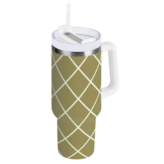 Olive Brown Block Tumbler with Handle and Straw Lid 30 oz Insulated Vacuum Water Bottle Stainless Steel Travel Cup