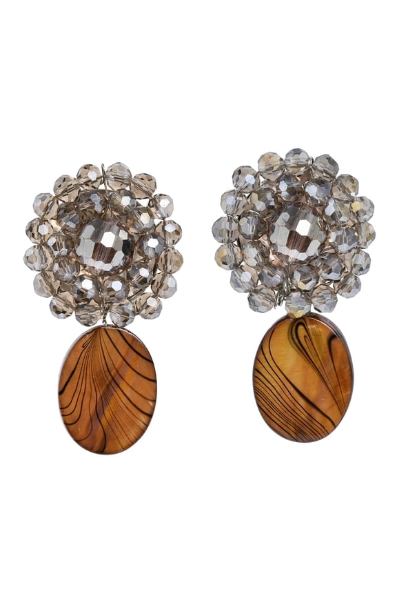 Olive Brown Zebra Painted Mother of Pearl Clip On Drop Earrings