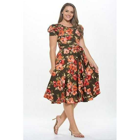 Olive Burnt 1x-2x Plus Size Women's Short Puff Sleeve Midi Floral Cocktail Flare Tea Party, Formal and Casual Dresses