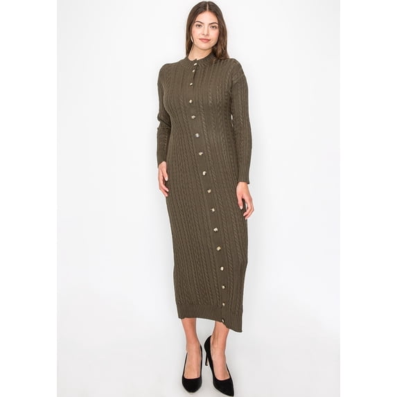 Olive Cable Knit Button-Down Dress, XL