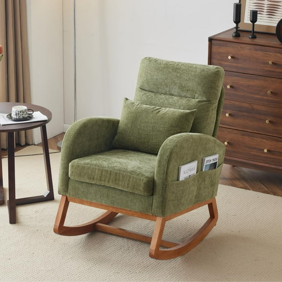 Olive Chenille Nursing Rocking Chair, Mid-Century Upholstered Glider with Thick Headrest, Solid Wood Base for Bedroom Living Room, Green