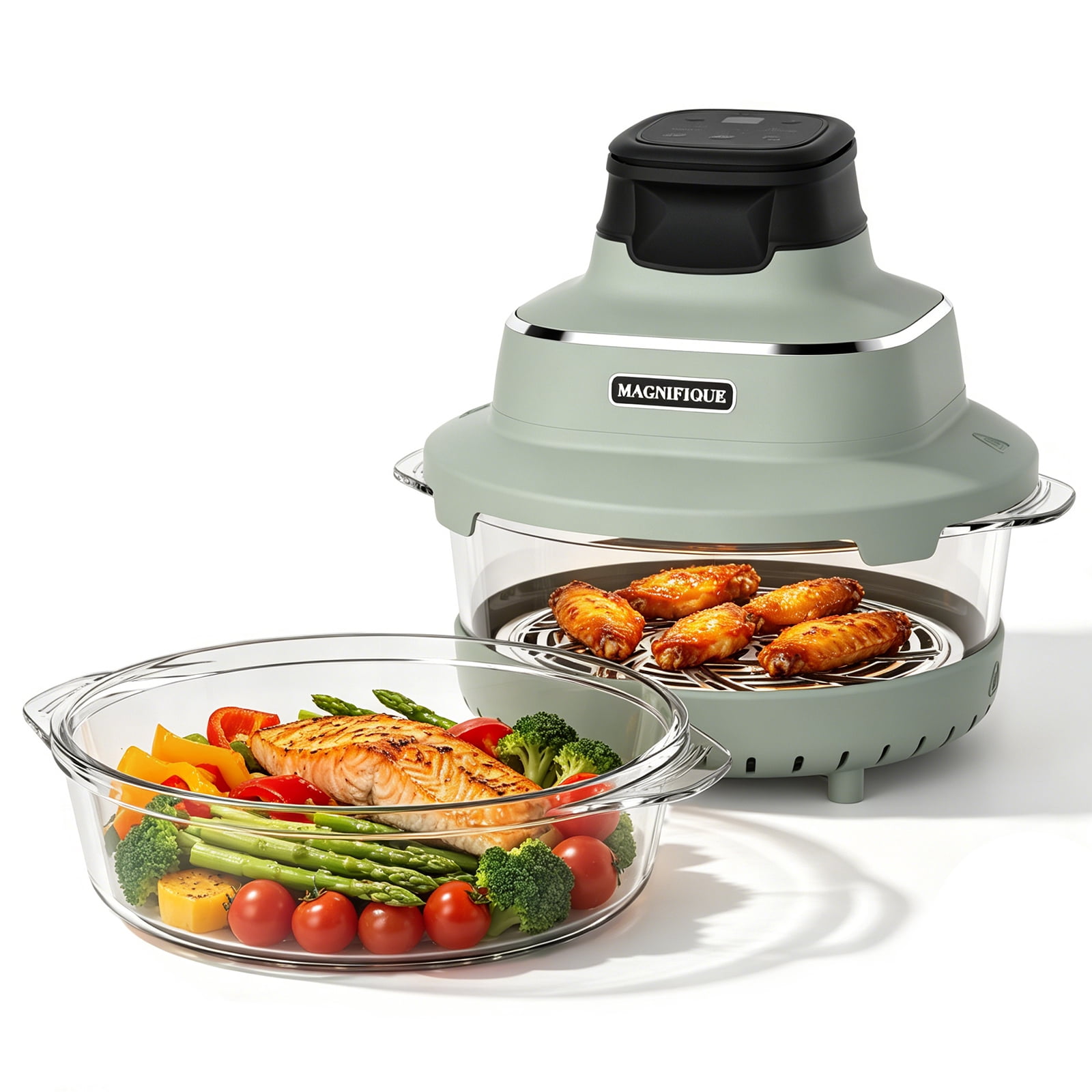 MAGNIFIQUE Olive Color Air Fryer with Two Replaceable Glass Pots, 4.5QT & 2.5QT, Air Crisper with Air Fry, Bake, Re-Crisp & MaxCrisp Settings