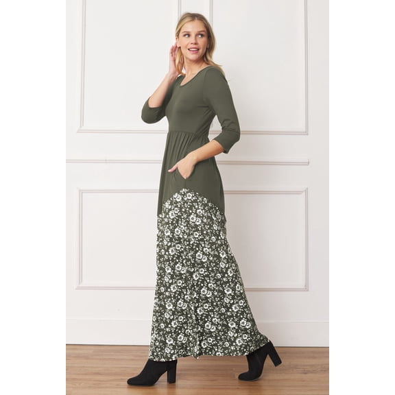 Olive Contrast Asymmetrical Floral Accent 3/4 Sleeve Maxi Dress