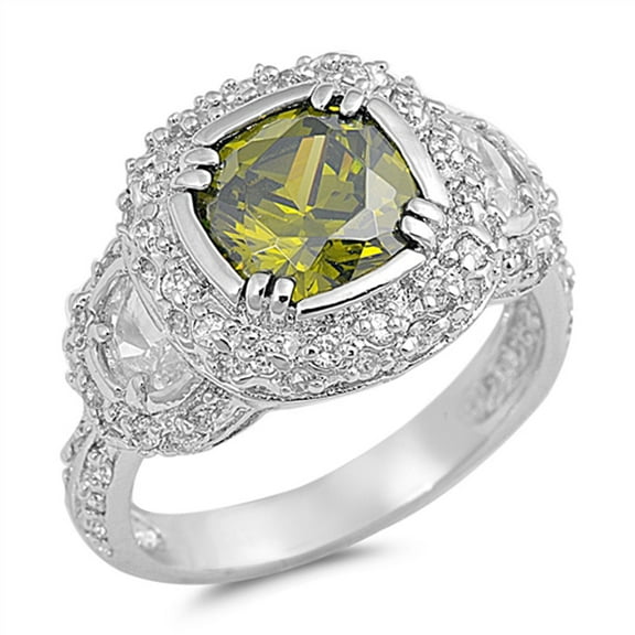 Olive Cubic Zirconia Cluster Halo Ring .925 Sterling Silver Band Green Jewelry Female Male Size 6