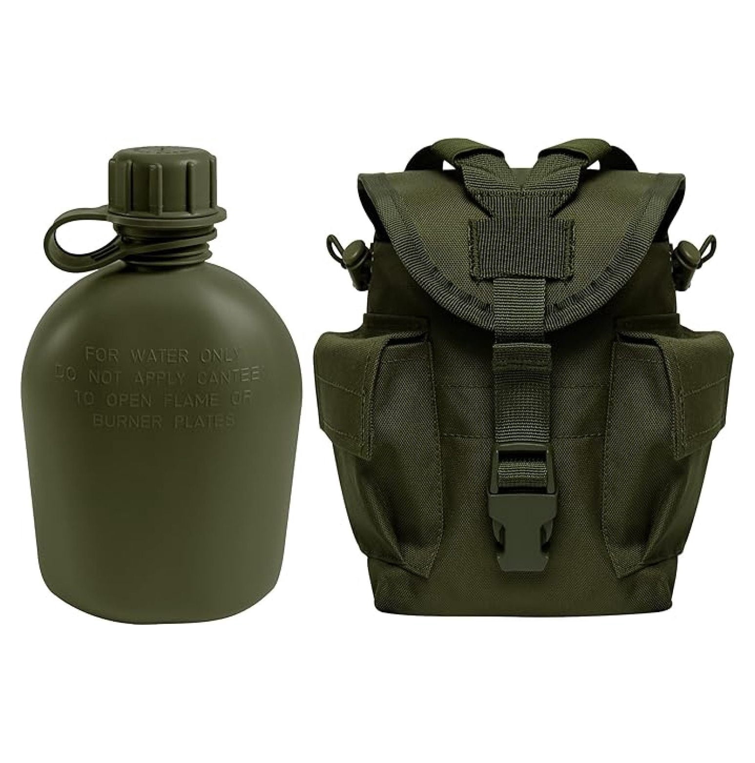 Olive Drab Genuine GI 1 Quart Plastic Canteen & Olive Drab MOLLE II Canteen Cover & Utility Pouch