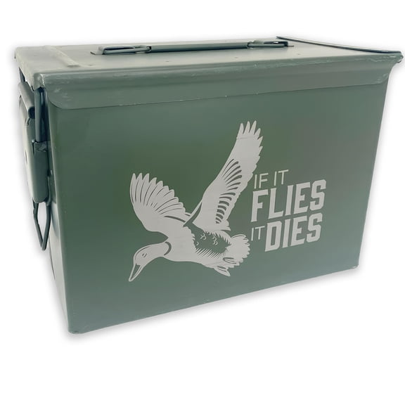 Olive Drab Green M2A1/A2 50 Cal Ammo Can If It Flies It Dies Laser Engraved Metal Ammo Storage Box Durable, Waterproof Storage Box for Tools - Versatile Ammunition Box for Outdoor Enthusiasts