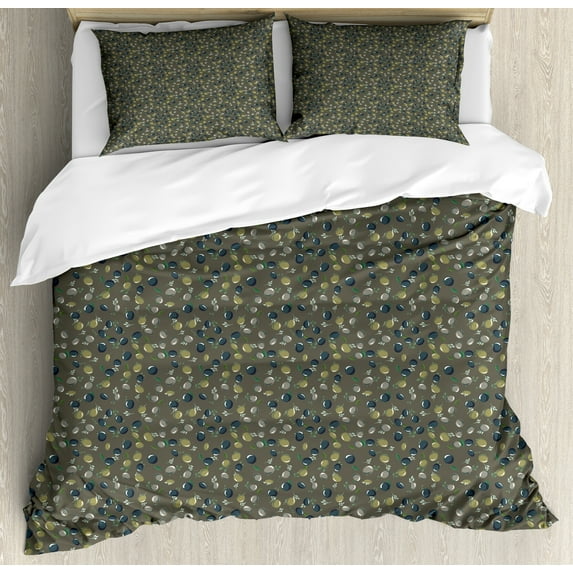 Olive Duvet Cover Set, Various Circular Organic Plantation Leaves and Branches in Different Tones, Decorative 3 Piece Bedding Set with 2 Pillow Shams, Calking Size, Taupe and Multicolor, by Ambesonne