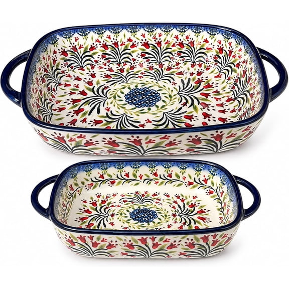 Olive Garland Floral Ceramic Rectangular Baking Dish Set, 2-Piece, Oven-to-Table, Microwave and Dishwasher Safe