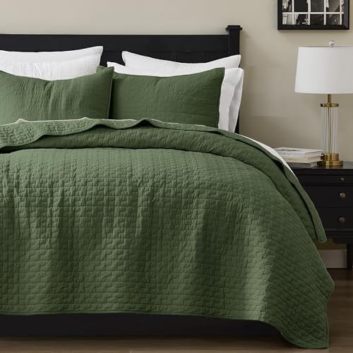 Olive Green 100% Cotton Quilt Twin Size Bedding Sets with 1 Pillow Sham, Textured Lightweight Soft Bedspread Shabby Chic Coverlet, Quilted Comforter Bed Cover for All Season, 2 Pieces