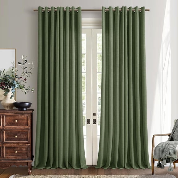 Olive Green 120 Inch Curtains for Bedroom Living Room 2 Panels Set Flax Linen Burlap Semi Sheer Privacy Bronze Grommet Elegant Boho Farmhouse Window Curtains Drapes 120 Inches Long Moss Green