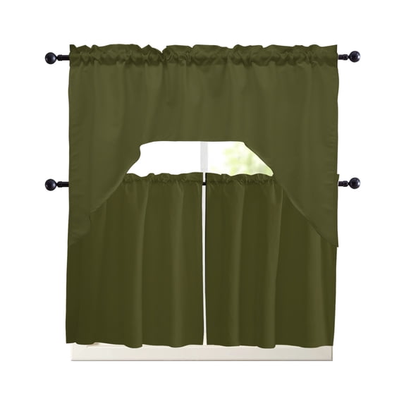Olive Green 3 Piece Swag Kitchen Curtains Set Solid Color Valance and Tier Curtains 24 In Long, 56" x 36" Window Topper for Cafe Bathroom Bedroom