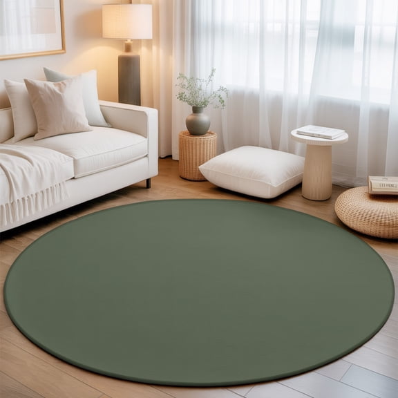 Olive Green 7' Round Rug for Living Room Conversation Area, Deep Green Color Solid Background Autumnal Rustic Farmhouse Washable Non Slip Large Circle Area Rug